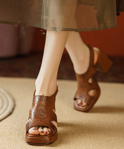 Elegant Brown Peep Toe Hollow Out Cowhide Leather Platform Chunky Sandals RT1073 Ada Fashion