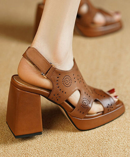 Elegant Brown Peep Toe Hollow Out Cowhide Leather Platform Chunky Sandals RT1073 Ada Fashion