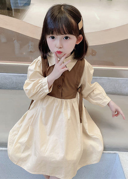 Elegant Brown Peter Pan Collar Button Cotton Girls Dresses Long Sleeve XZ090 FALL-MM-RCTZ-FDGL240618