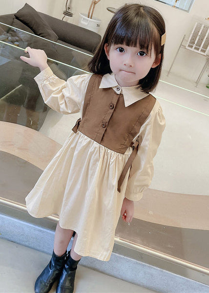 Elegant Brown Peter Pan Collar Button Cotton Girls Dresses Long Sleeve XZ090 FALL-MM-RCTZ-FDGL240618