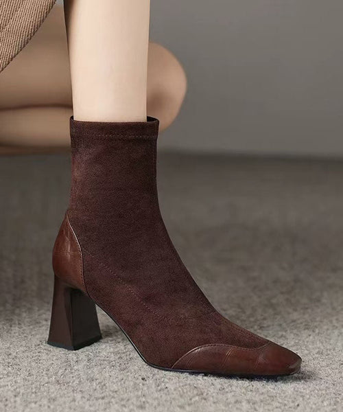 Elegant Heel Suede Chunky Brown Boots Splicing FashionChic