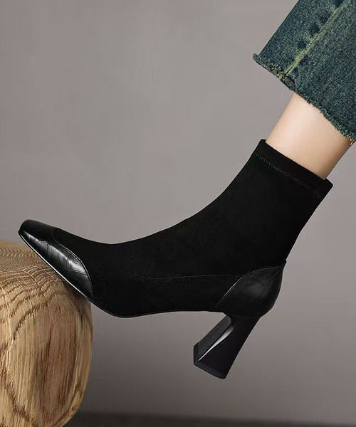 Elegant Heel Suede Chunky Brown Boots Splicing FashionChic