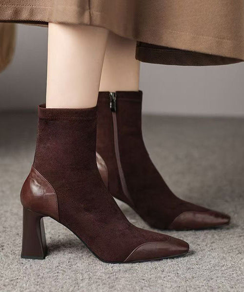 Elegant Heel Suede Chunky Brown Boots Splicing FashionChic