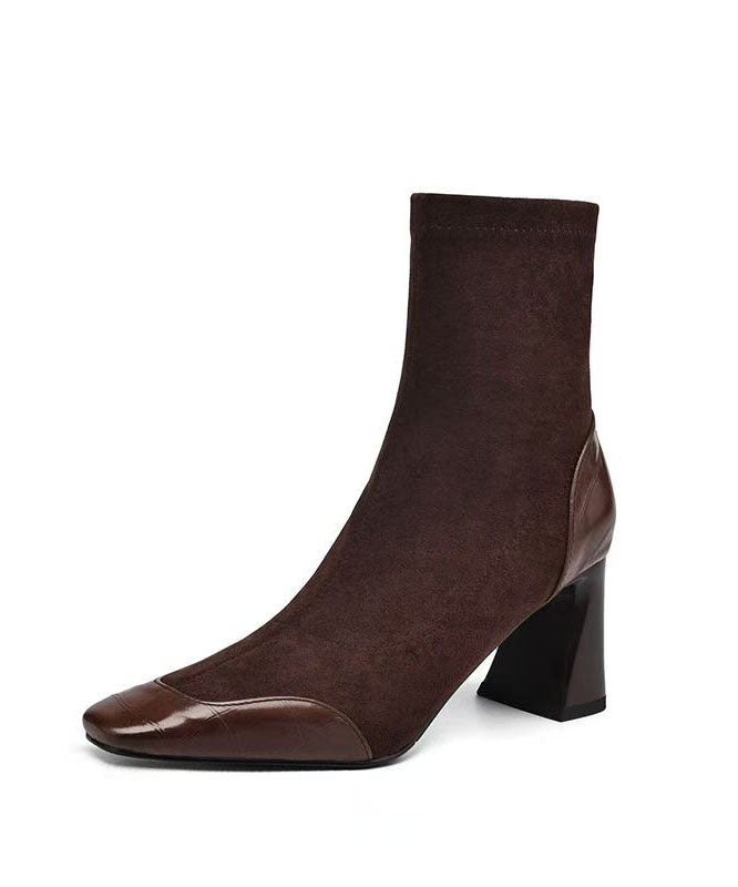 Elegant Heel Suede Chunky Brown Boots Splicing FashionChic