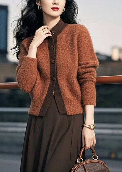 Elegant Brown Stand Collar Button Patchwork Knit Cardigans Spring TO003