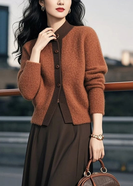 Elegant Brown Stand Collar Button Patchwork Knit Cardigans Spring TO003