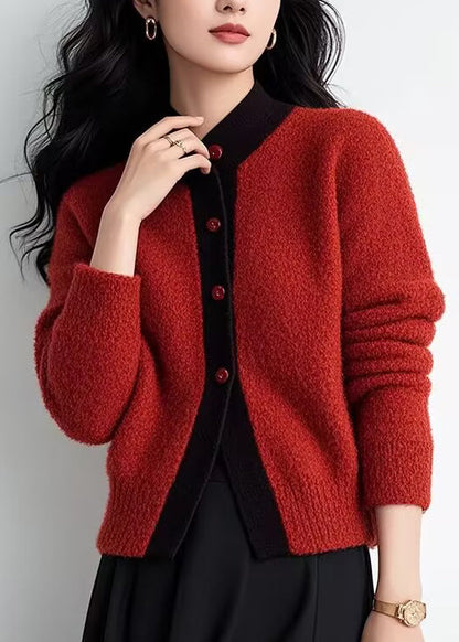 Elegant Brown Stand Collar Button Patchwork Knit Cardigans Spring TO003