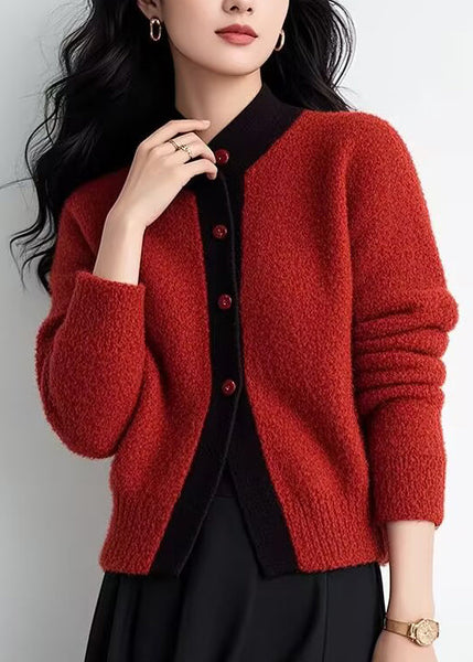 Elegant Brown Stand Collar Button Patchwork Knit Cardigans Spring TO003