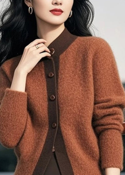 Elegant Brown Stand Collar Button Patchwork Knit Cardigans Spring TO003