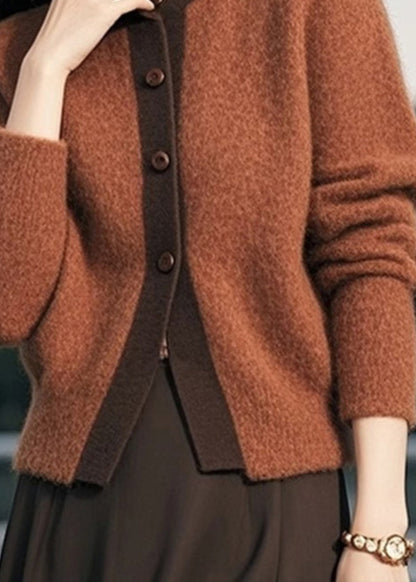 Elegant Brown Stand Collar Button Patchwork Knit Cardigans Spring TO003