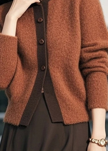 Elegant Brown Stand Collar Button Patchwork Knit Cardigans Spring TO003