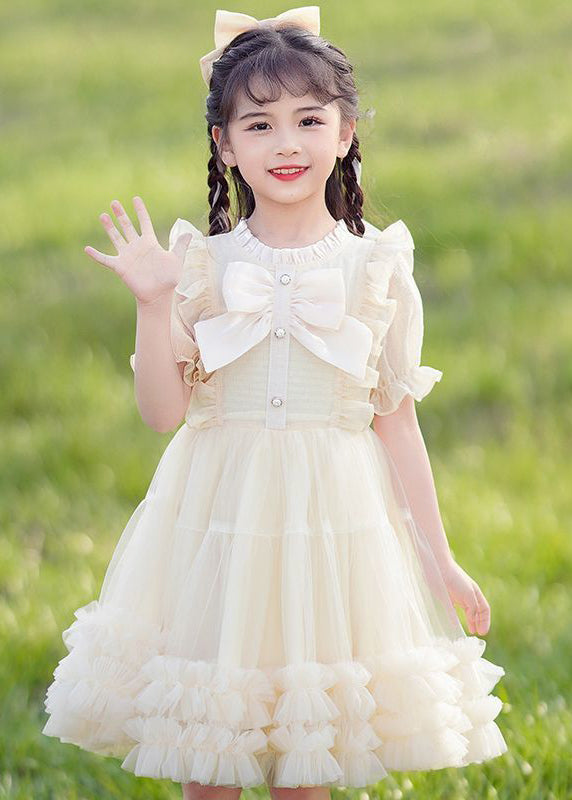 Elegant Champagne Bow Patchwork Button Tulle Girls Long Dress Short Sleeve EW032 WS-JRTZSDL240810