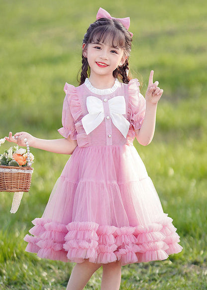 Elegant Champagne Bow Patchwork Button Tulle Girls Long Dress Short Sleeve EW032 WS-JRTZSDL240810