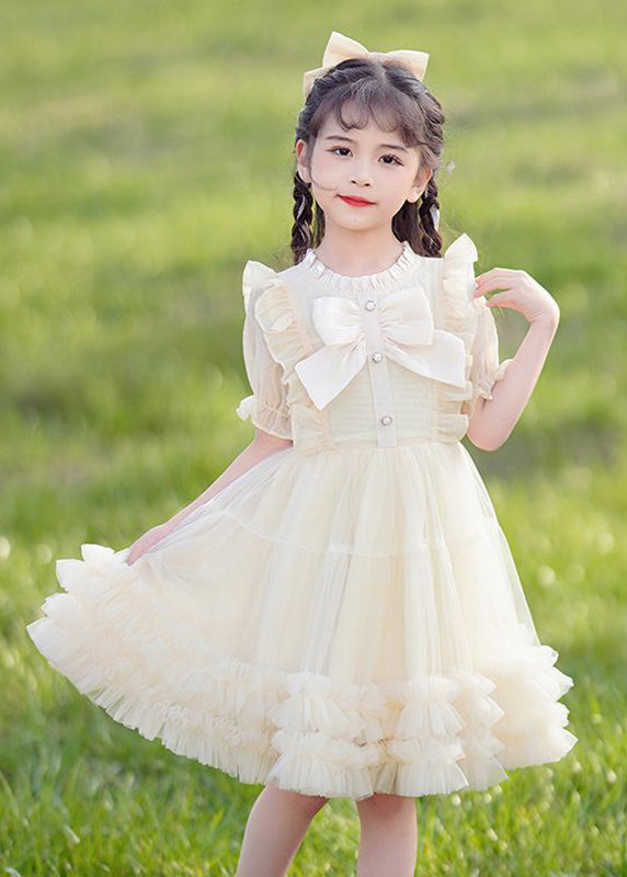Elegant Champagne Bow Patchwork Button Tulle Girls Long Dress Short Sleeve EW032 WS-JRTZSDL240810
