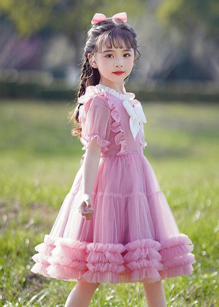 Elegant Champagne Bow Patchwork Button Tulle Girls Long Dress Short Sleeve EW032 WS-JRTZSDL240810