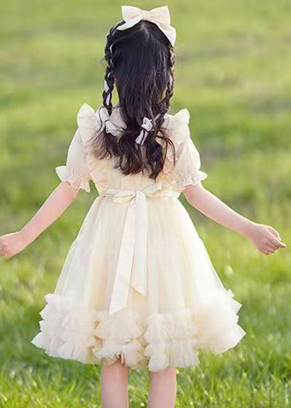 Elegant Champagne Bow Patchwork Button Tulle Girls Long Dress Short Sleeve EW032 WS-JRTZSDL240810
