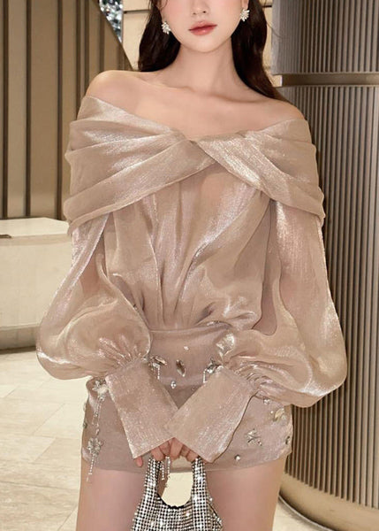 Elegant Champagne Color Slash Neck Zircon Silk Mid Dress Fall WQ036 OL-FDM241031