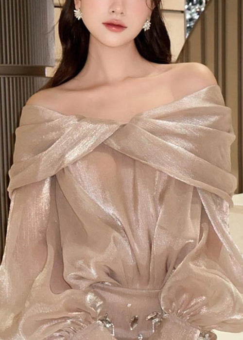 Elegant Champagne Color Slash Neck Zircon Silk Mid Dress Fall WQ036 OL-FDM241031