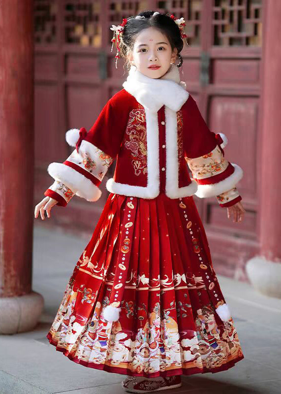 Elegant Champagne Fur Collar Button Kids Coats And Maxi Skirts Two Pieces Set Winter TR006 ABC