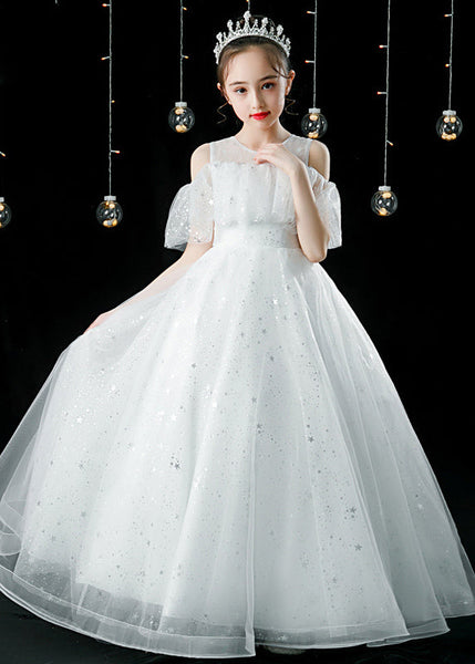 Elegant Champagne O-Neck Patchwork Sequins Tulle Kids Maxi Dress Summer XZ039 SDGL240618