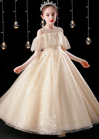 Elegant Champagne O-Neck Patchwork Sequins Tulle Kids Maxi Dress Summer XZ039 SDGL240618