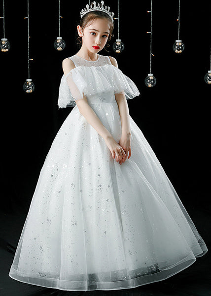 Elegant Champagne O-Neck Patchwork Sequins Tulle Kids Maxi Dress Summer XZ039 SDGL240618