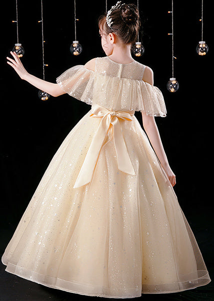 Elegant Champagne O-Neck Patchwork Sequins Tulle Kids Maxi Dress Summer XZ039 SDGL240618