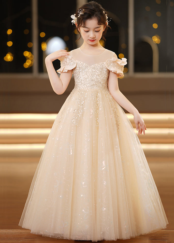 Elegant Champagne O-Neck Sequins Tulle Girls Holiday Dress Summer TT032 WS-JRTZSDGL240817