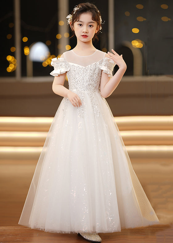 Elegant Champagne O-Neck Sequins Tulle Girls Holiday Dress Summer TT032 WS-JRTZSDGL240817