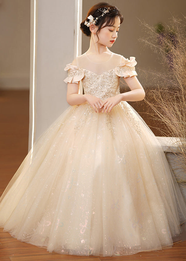 Elegant Champagne O-Neck Sequins Tulle Girls Holiday Dress Summer TT032 WS-JRTZSDGL240817