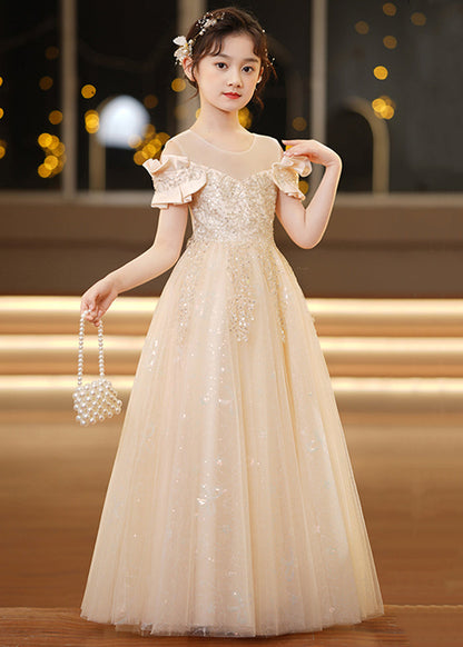 Elegant Champagne O-Neck Sequins Tulle Girls Holiday Dress Summer TT032 WS-JRTZSDGL240817