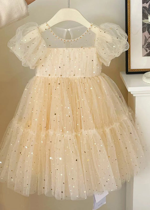 Elegant Champagne O-Neck Wrinkled Bow Tulle Kids Mid Dress Summer EW018 WS-JRTZSDM240810