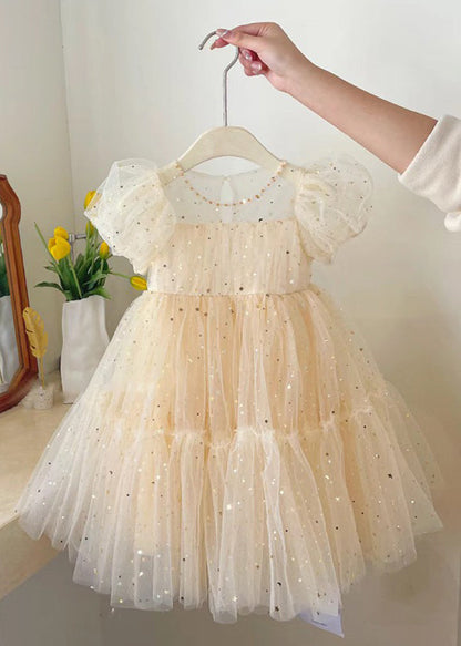Elegant Champagne O-Neck Wrinkled Bow Tulle Kids Mid Dress Summer EW018 WS-JRTZSDM240810