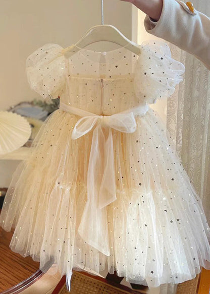 Elegant Champagne O-Neck Wrinkled Bow Tulle Kids Mid Dress Summer EW018 WS-JRTZSDM240810