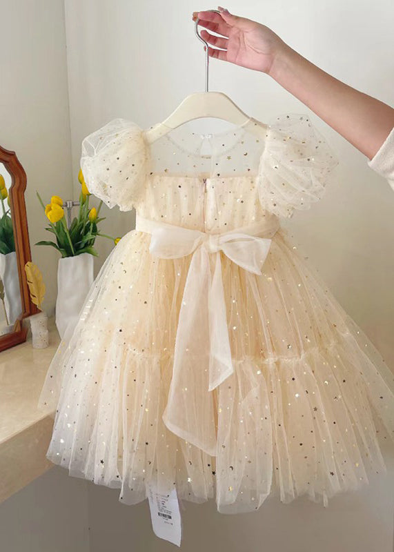 Elegant Champagne O-Neck Wrinkled Bow Tulle Kids Mid Dress Summer EW018 WS-JRTZSDM240810