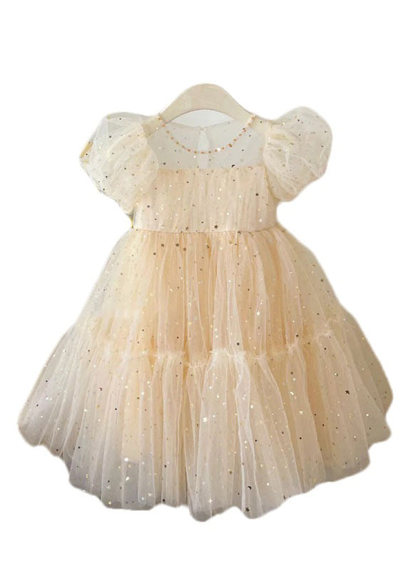 Elegant Champagne O-Neck Wrinkled Bow Tulle Kids Mid Dress Summer EW018 WS-JRTZSDM240810