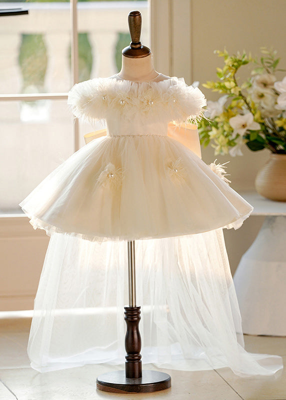 Elegant Champagne Pearl Tulle Kids Maxi Dresses Short Sleeve YG017 ABC