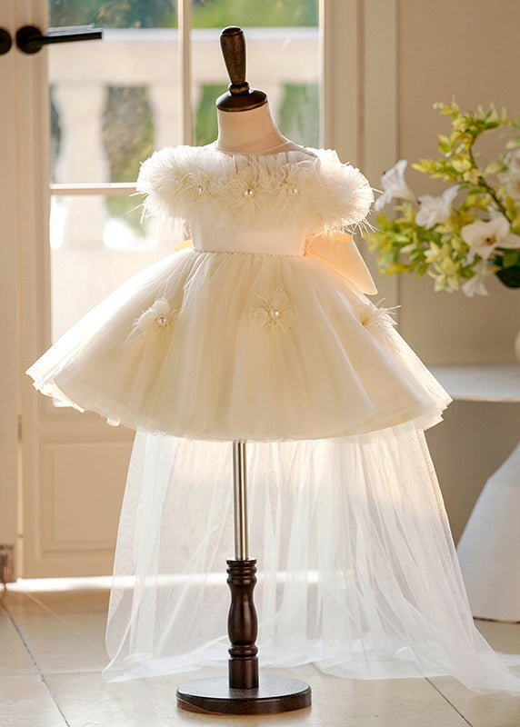 Elegant Champagne Pearl Tulle Kids Maxi Dresses Short Sleeve YG017 ABC