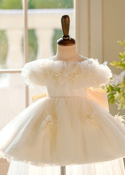 Elegant Champagne Pearl Tulle Kids Maxi Dresses Short Sleeve YG017 ABC