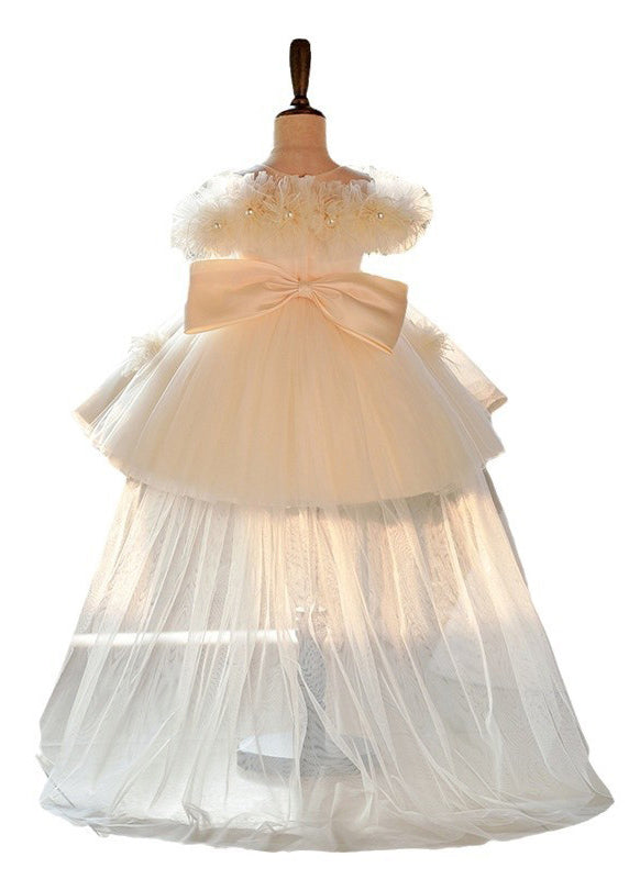 Elegant Champagne Pearl Tulle Kids Maxi Dresses Short Sleeve YG017 ABC