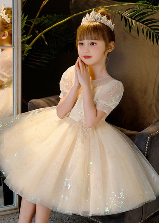 Elegant Champagne Sequins Patchwork Nail Bead Tulle Kids Mid Dress Summer XZ035 SDGM240618