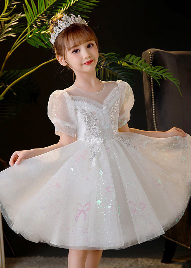 Elegant Champagne Sequins Patchwork Nail Bead Tulle Kids Mid Dress Summer XZ035 SDGM240618