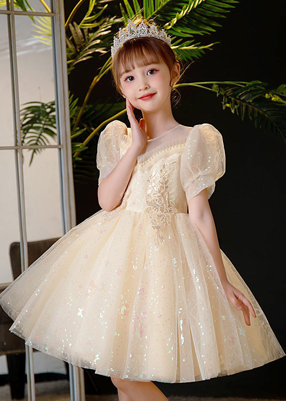 Elegant Champagne Sequins Patchwork Nail Bead Tulle Kids Mid Dress Summer XZ035 SDGM240618