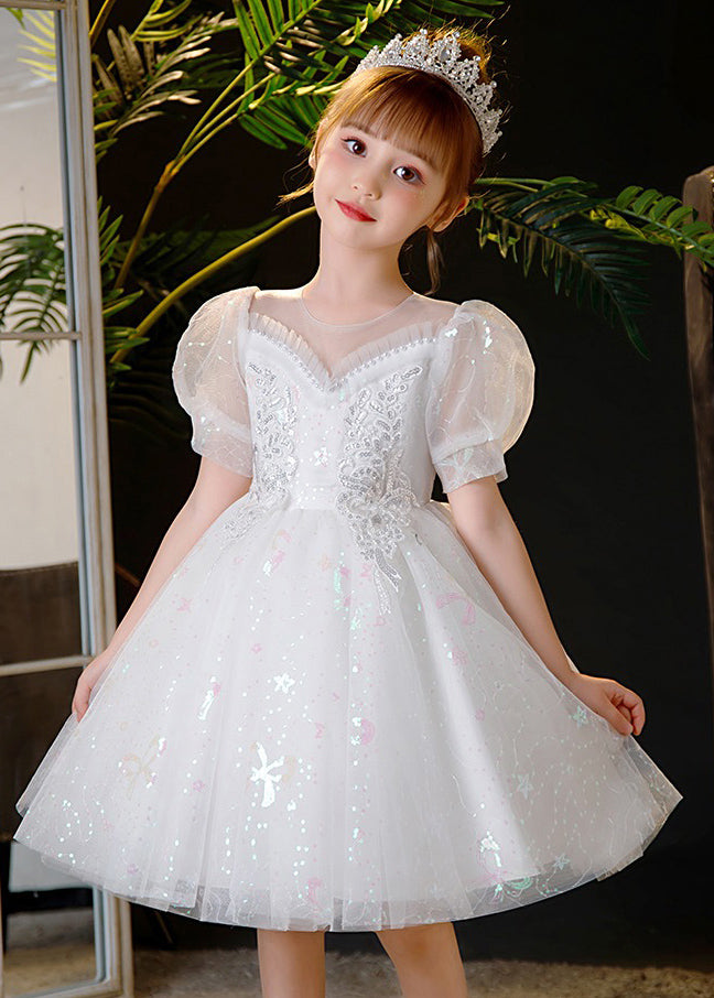 Elegant Champagne Sequins Patchwork Nail Bead Tulle Kids Mid Dress Summer XZ035 SDGM240618