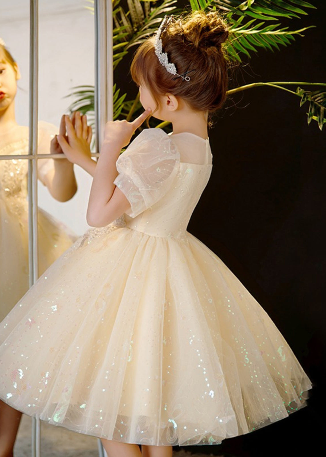 Elegant Champagne Sequins Patchwork Nail Bead Tulle Kids Mid Dress Summer XZ035 SDGM240618