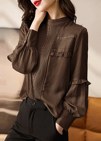 Elegant Ruffled Tops Patchwork Chocolate Shirt Spring Silk FashionChic