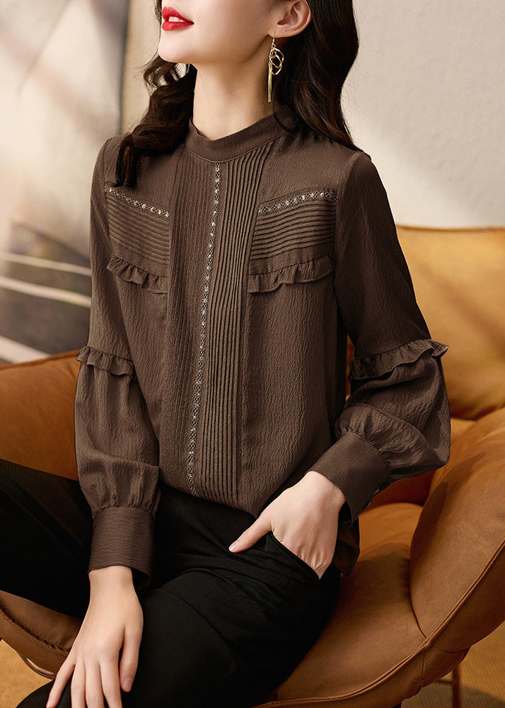 Elegant Ruffled Tops Patchwork Chocolate Shirt Spring Silk FashionChic
