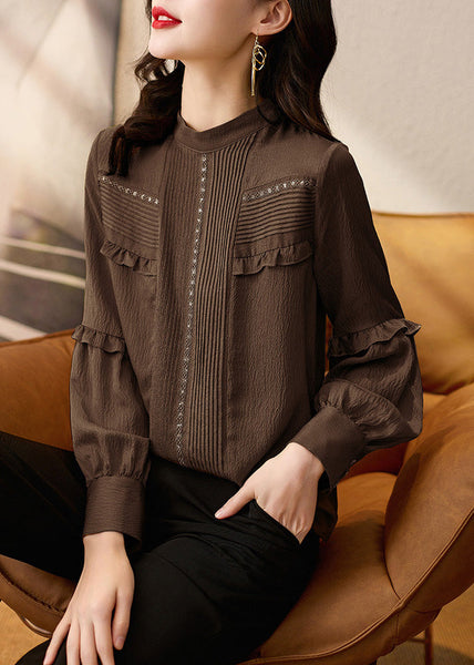 Elegant Ruffled Tops Patchwork Chocolate Shirt Spring Silk FashionChic