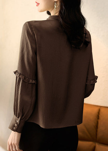 Elegant Ruffled Tops Patchwork Chocolate Shirt Spring Silk FashionChic