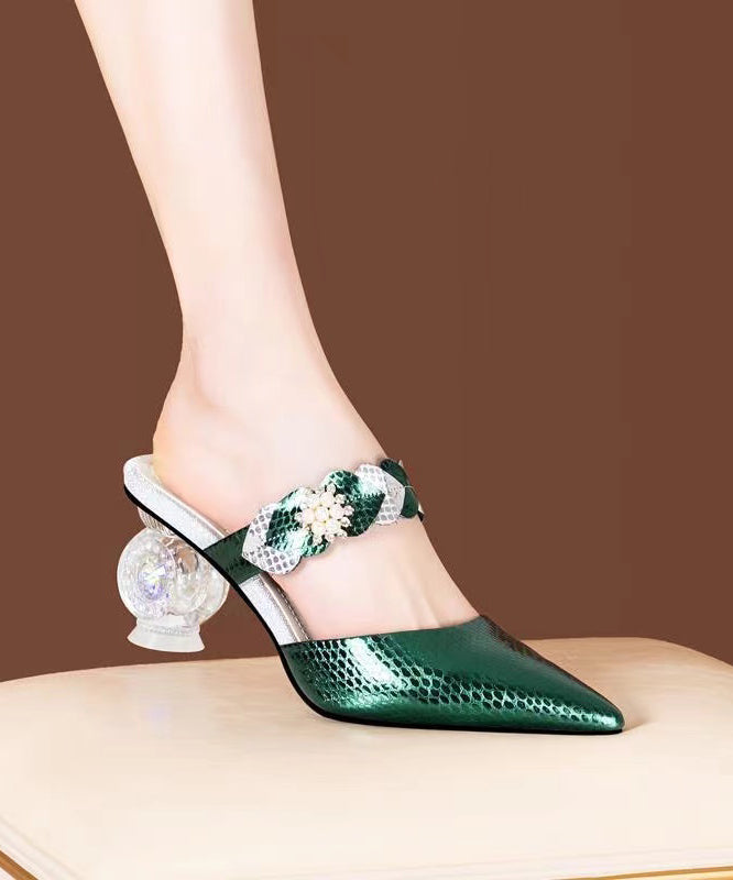 Elegant Chunky Heel Green Zircon Pointed Toe Slide Sandals XC1019 Ada Fashion